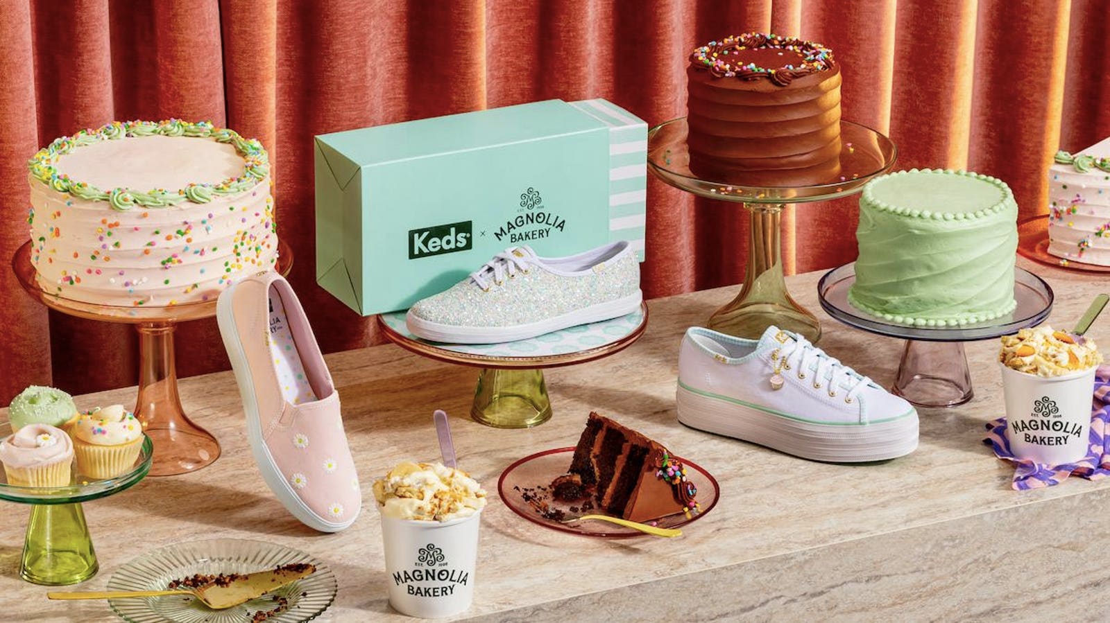 Keds and Magnolia Bakery sneaker collection displayed with cakes and banana pudding